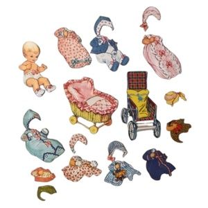 Vintage 1950s PAPER DOLL Baby with stroller antique